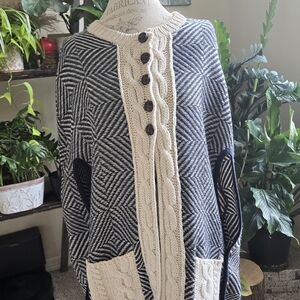 Women's Black and Cream Vest /Cape with Cable Knit Detail
